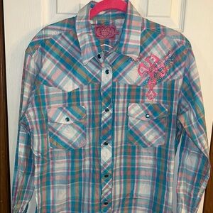 Blue and Pink Button Down Shirt with Western Yokes
